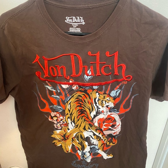 Von Dutch Other - Von Dutch Brown Tee with Red Logo and Multicolor Tiger Graphic